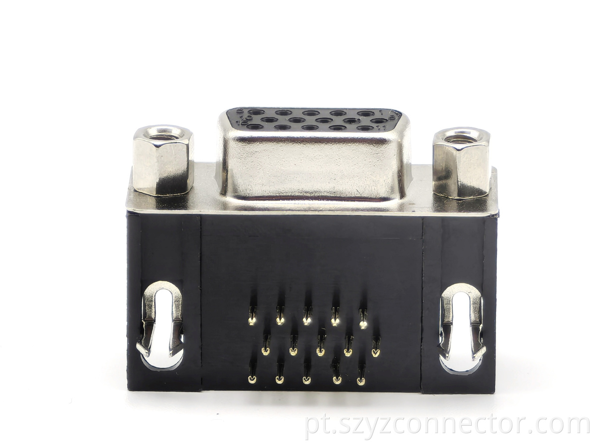 Conector D-Sub: Feminino, 3 fileiras, 8,89 mm, banhado a ouro seletivo, rebitado, plástico preto, compatível com RoHS, 15P D-Sub Connector: Female 3-Row 8.89mm Selective Gold Plating Riveted Black Plastic RoHS Compliant 15P